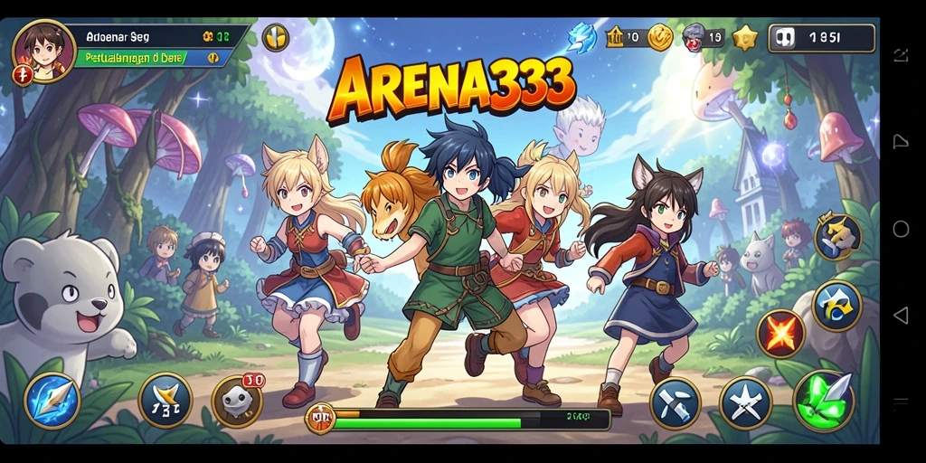 Screenshot utama ARENA333 menampilkan pertarungan karakter Anime yang epik.