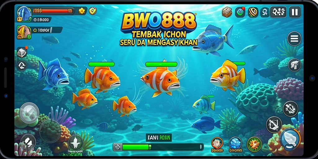 Screenshot gameplay BWO888 menampilkan aksi menembak ikan yang seru.