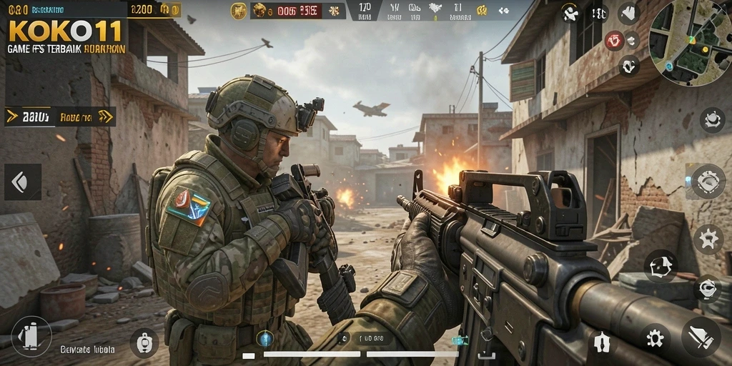 Screenshot gameplay KOKO11 memperlihatkan aksi tembak-menembak yang intens.