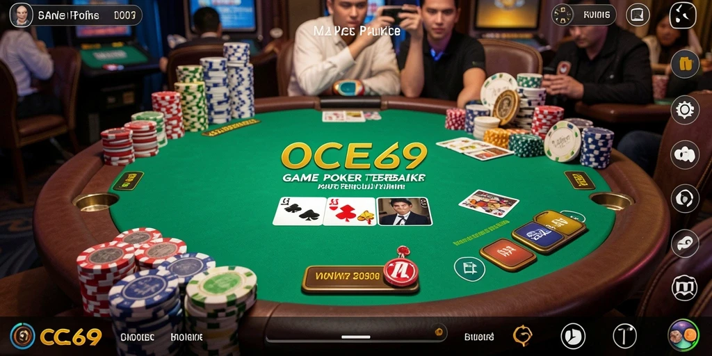 Screenshot OCE69 menampilkan suasana meja poker yang mendebarkan.