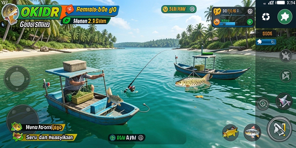 Tampilan menarik dari permainan memancing OKIDR dengan beragam jenis ikan.