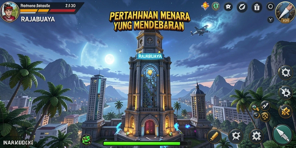 Tampilan screenshot gameplay RAJABUAYA dengan menara dan musuh yang menyerang.