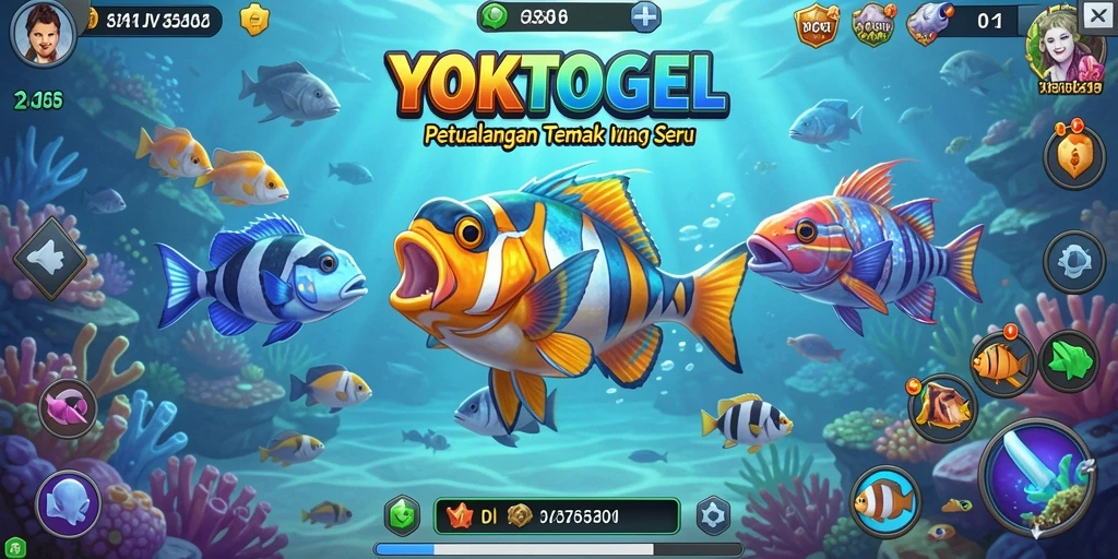 Screenshot menunjukkan pemain sedang menangkap ikan di lautan yang indah.